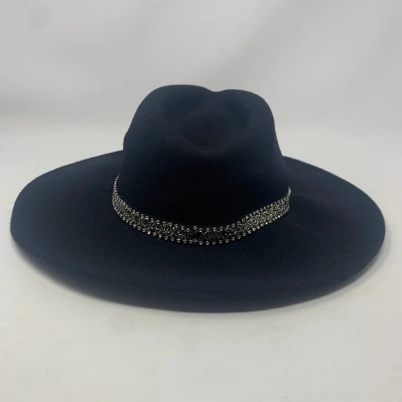 Zara Hat Wool Fedora‎ Hat with Crystals Rhinestones Wide Brim Black Size Small main image 4